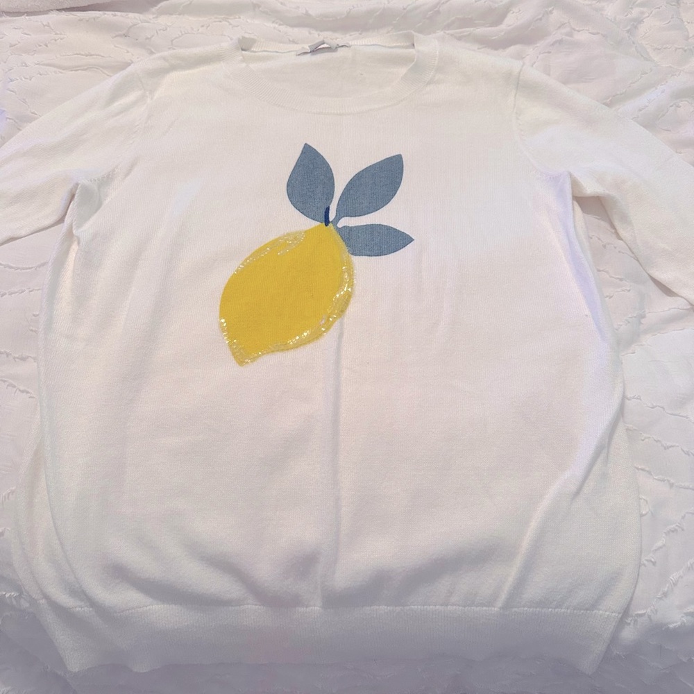Boden women’s sweater with lemon graphic and sequin detail
